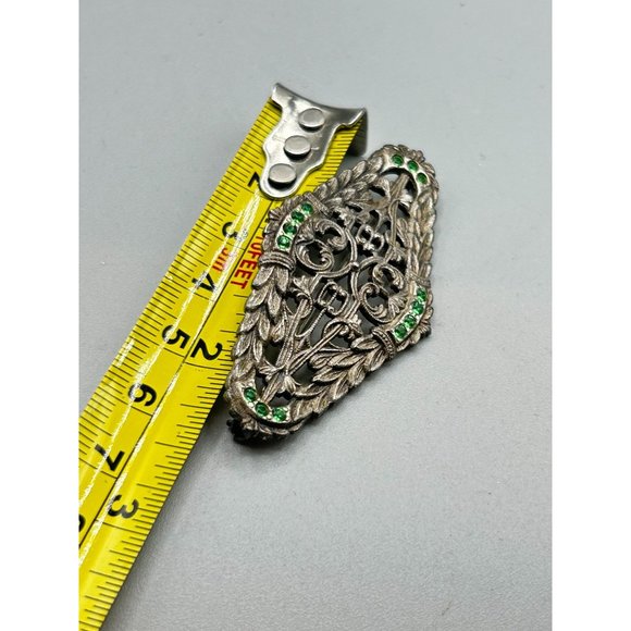 Vintage 1940s Pin Brooch Ornate Pot Metal Foliage Design with Green Rhinestones - Picture 6 of 6